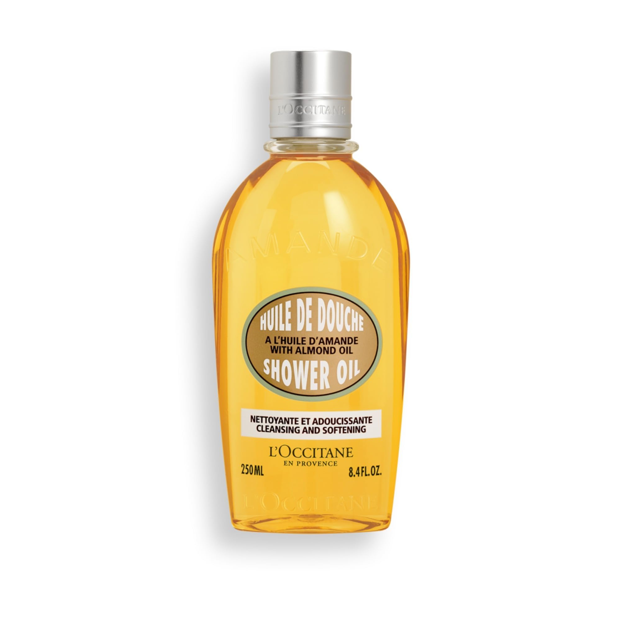 L'OCCITANE front bottle view showing almond shower oil, elegant presentation and benefit of nourishing cleanse