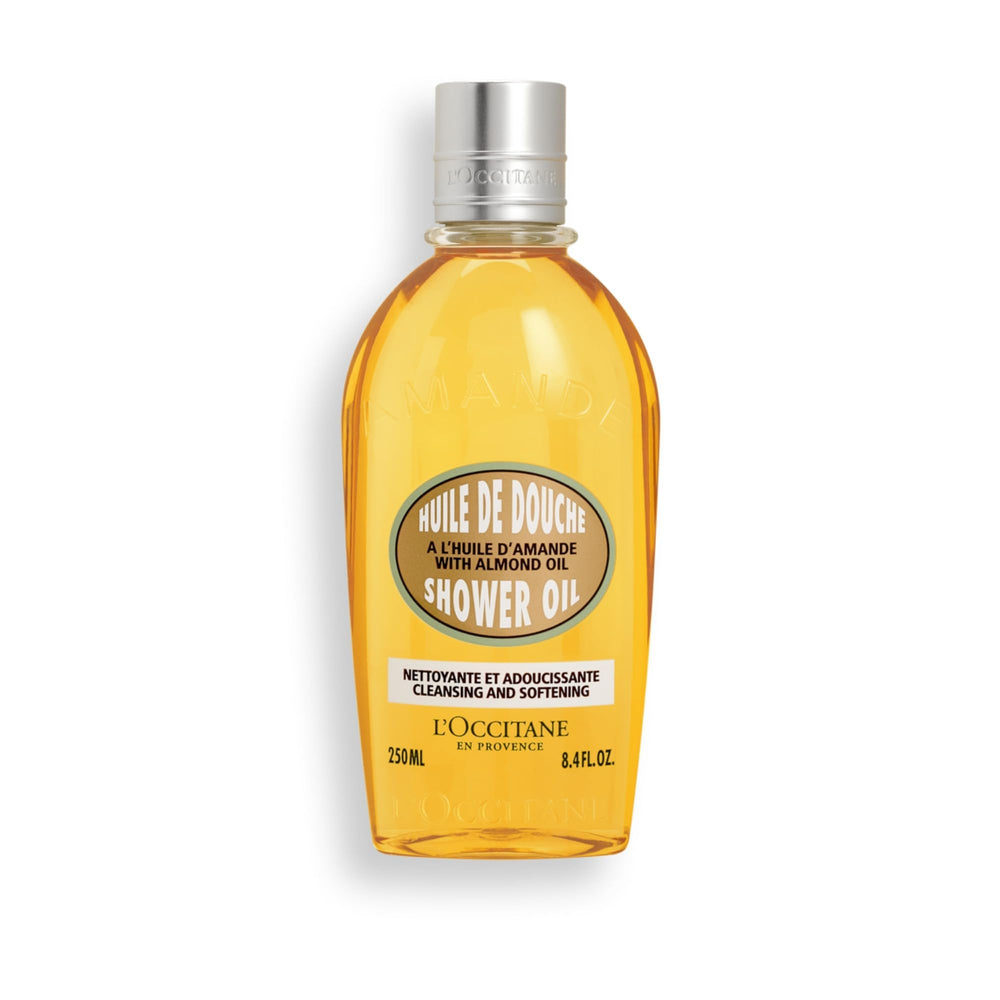 L'OCCITANE front bottle view showing almond shower oil, elegant presentation and benefit of nourishing cleanse