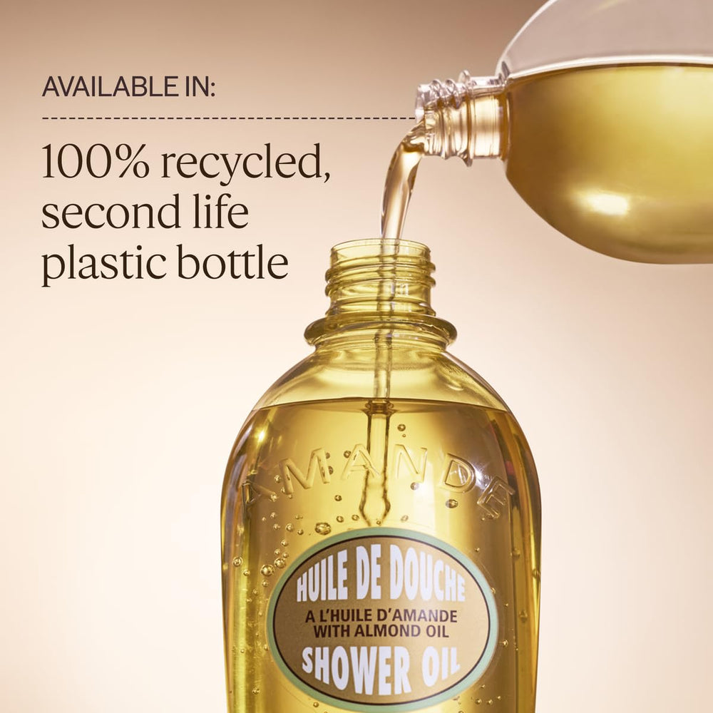 L'OCCITANE bottle placed in a shower niche, conveying in-shower use and convenience benefit