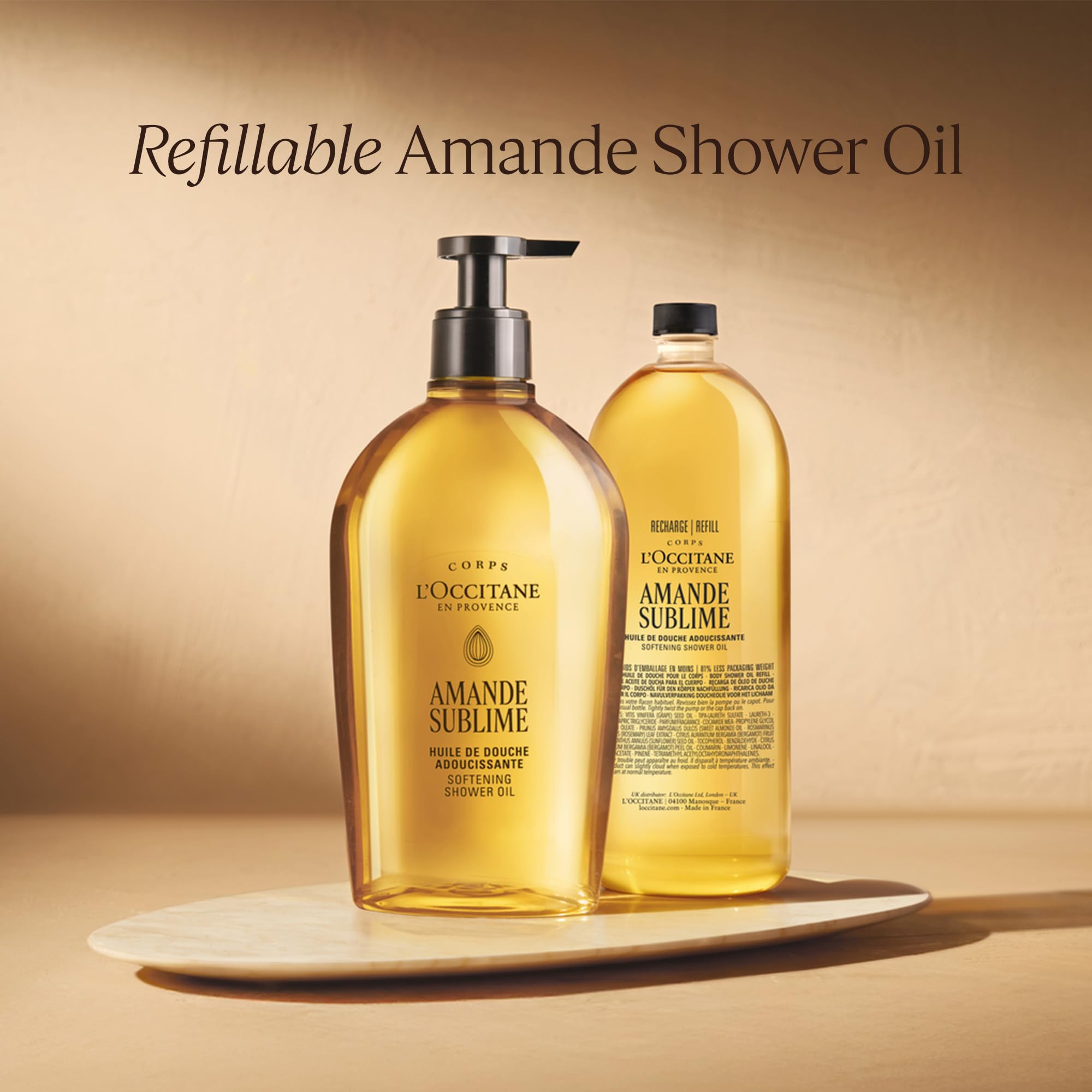 L'OCCITANE ingredient list close-up showing almond extract benefit