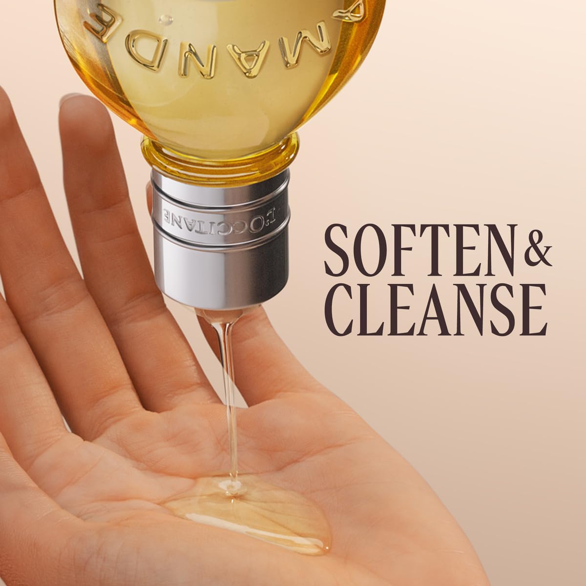 L'OCCITANE close-up of oil pouring, demonstrating silky texture and easy application benefit
