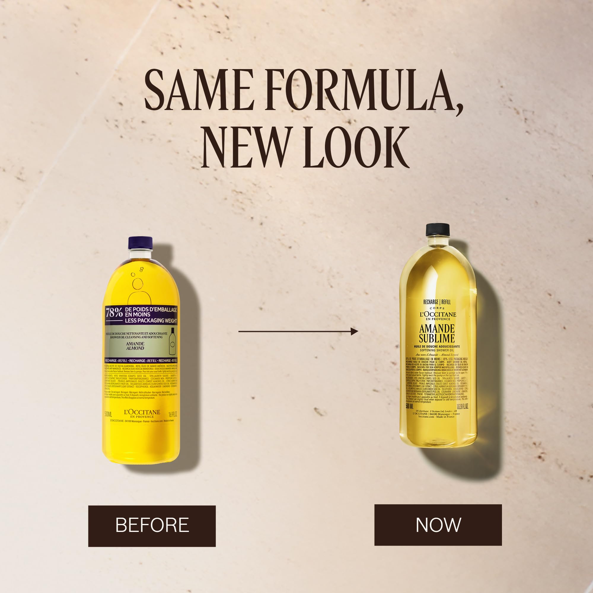 L'OCCITANE Almond Shower Oil pouring oil texture demonstrating easy refill benefit