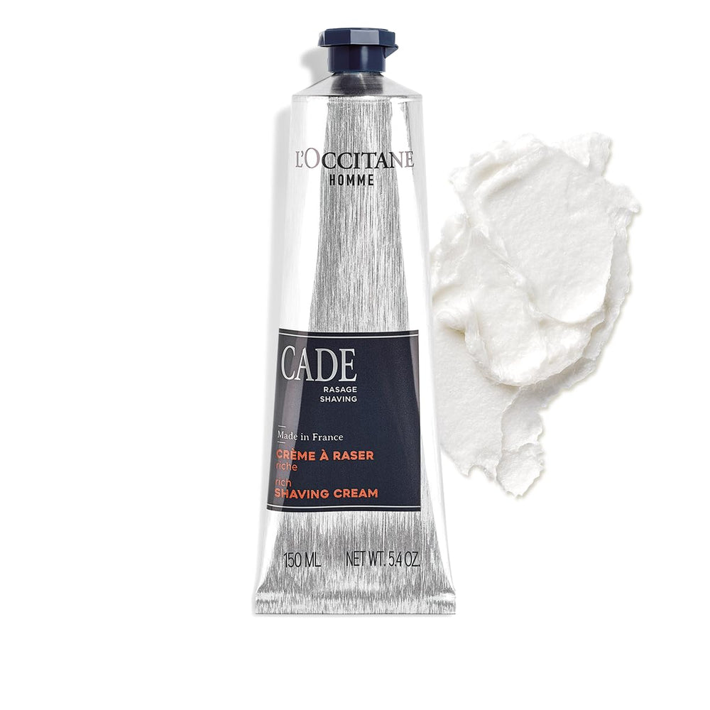 L'Occitane Cade shaving cream in bathroom set showing ease of use and travel readiness
