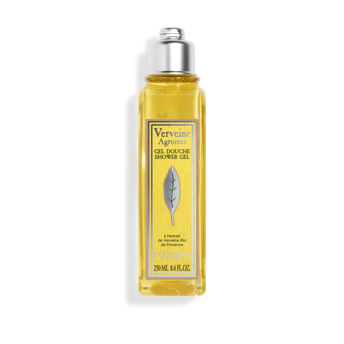 L'OCCITANE bottle front view showing citrus-verbena scent and clear packaging benefit