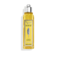 L'OCCITANE bottle front view showing citrus-verbena scent and clear packaging benefit