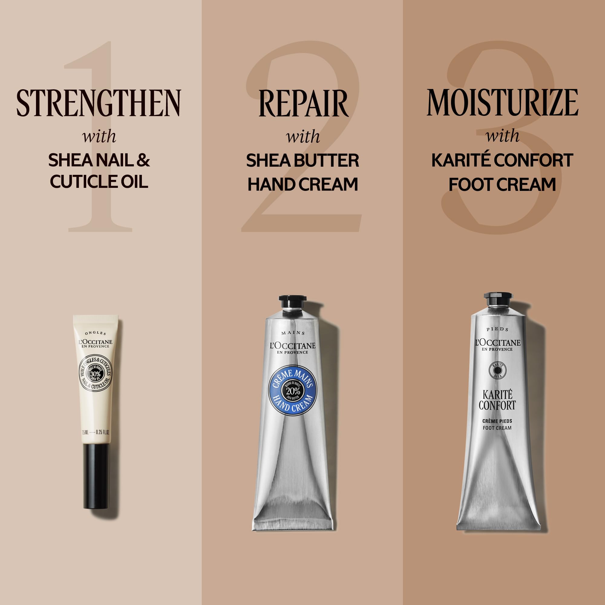 L'OCCITANE on bathroom shelf in lifestyle scene promoting daily foot care