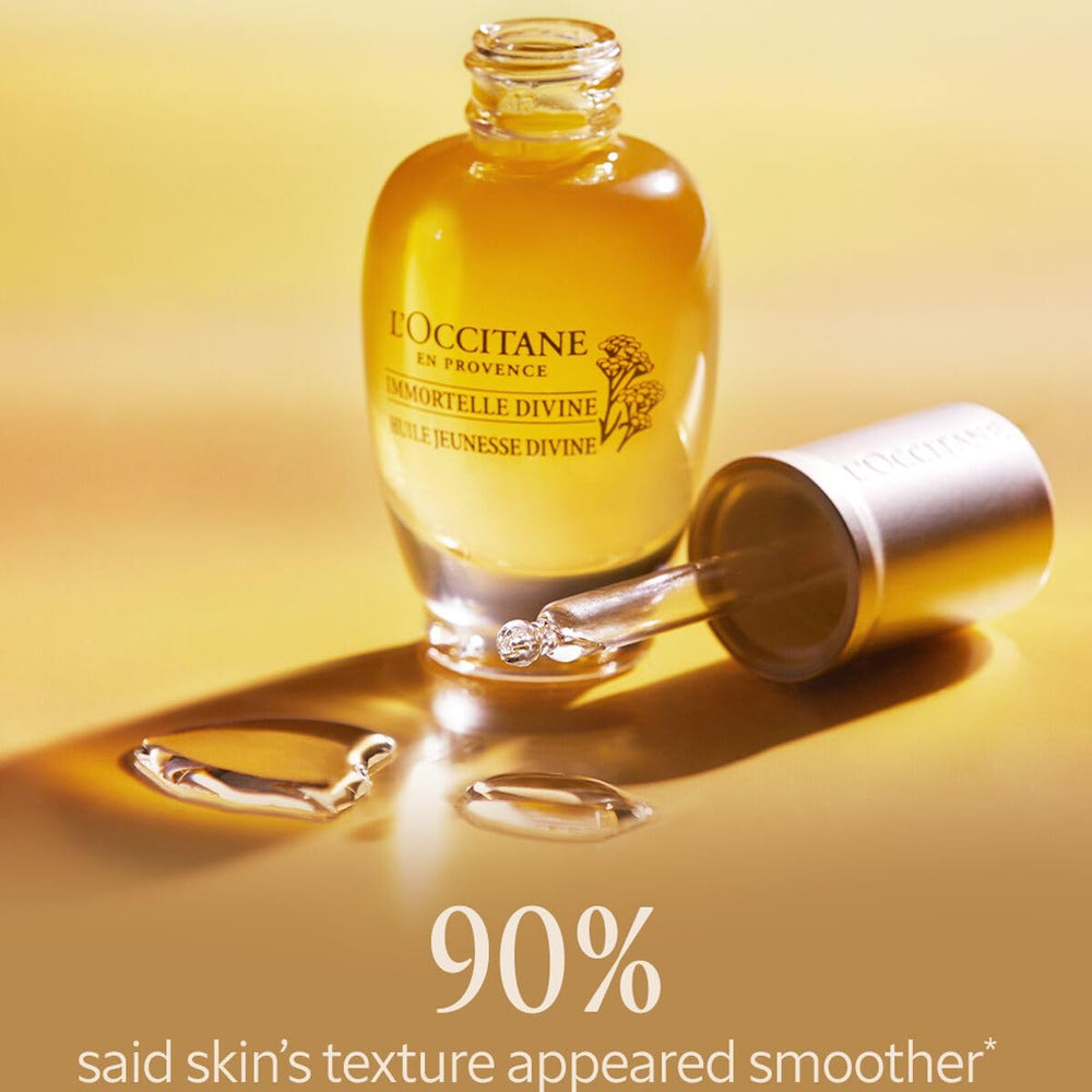 L'OCCITANE oil being applied to cheek for smoother texture and visible glow
