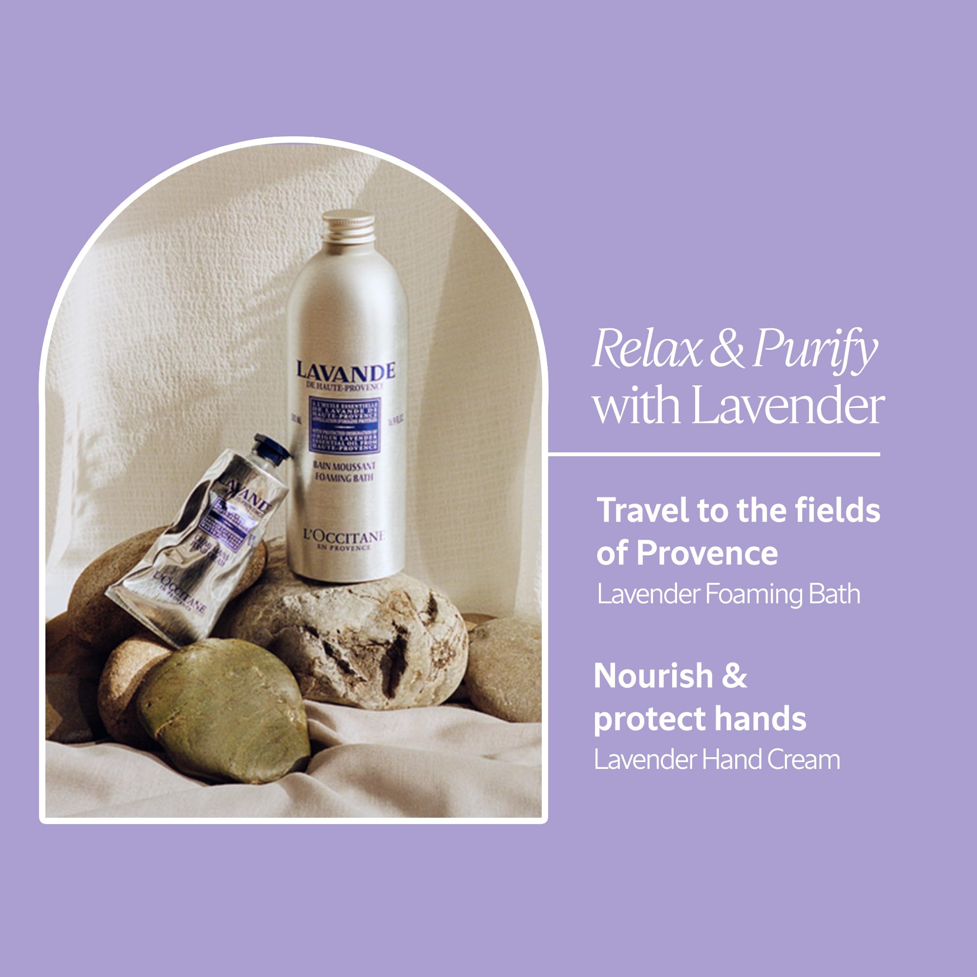 Relaxing bathtub scene with L'Occitane lavender refill creating calming atmosphere