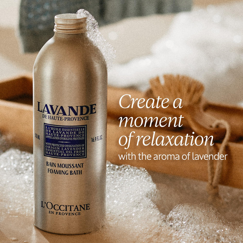 Close-up of rich lavender foam texture from L'Occitane delivering soft skin feel
