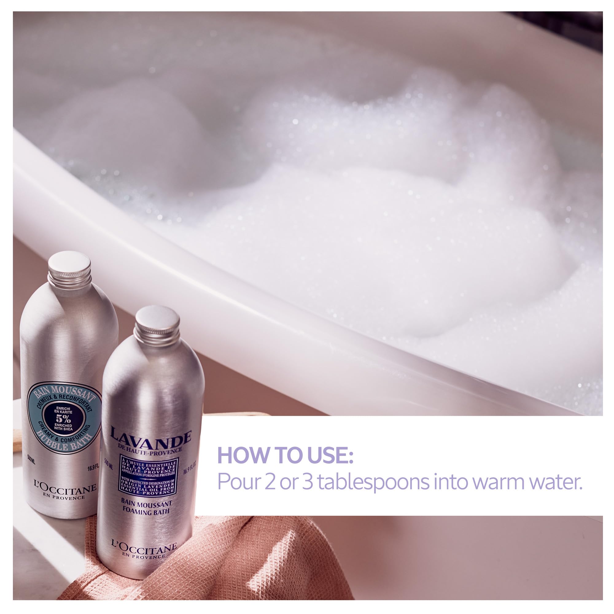 Pouring L'Occitane lavender refill into bottle to show easy refill convenience