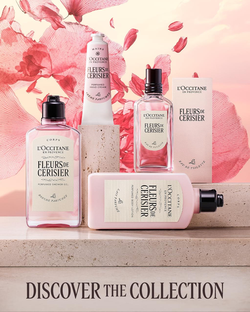 L'Occitane product on vanity with flowers showing fragrant, elegant lifestyle touch