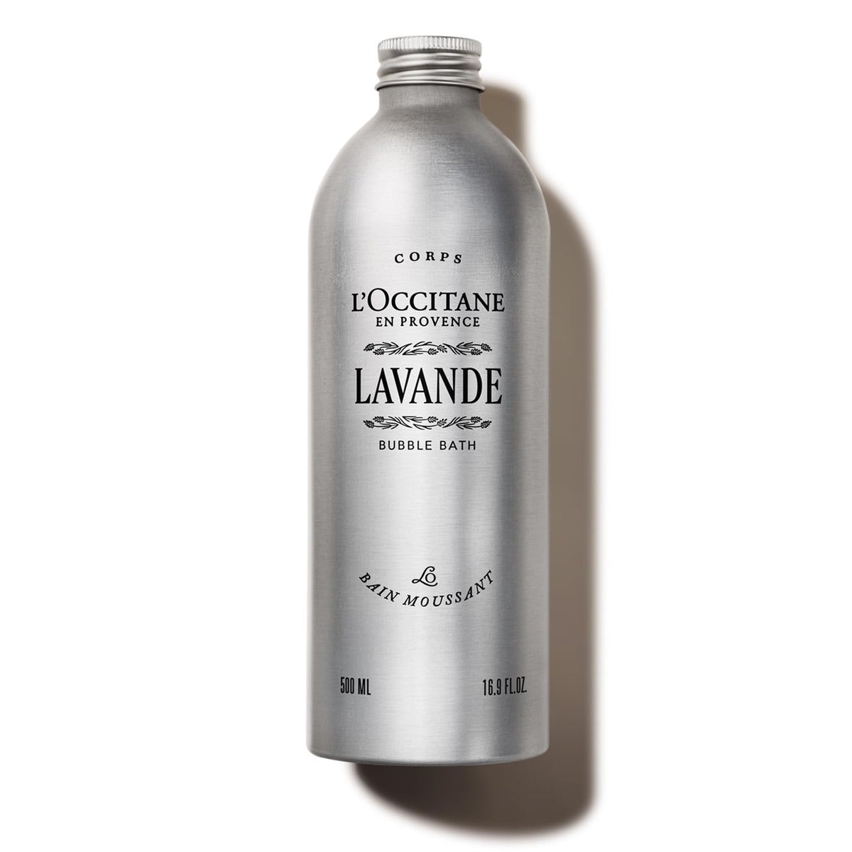 L'OCCITANE bottle front view showing lavender bubble bath packaging and calming scent