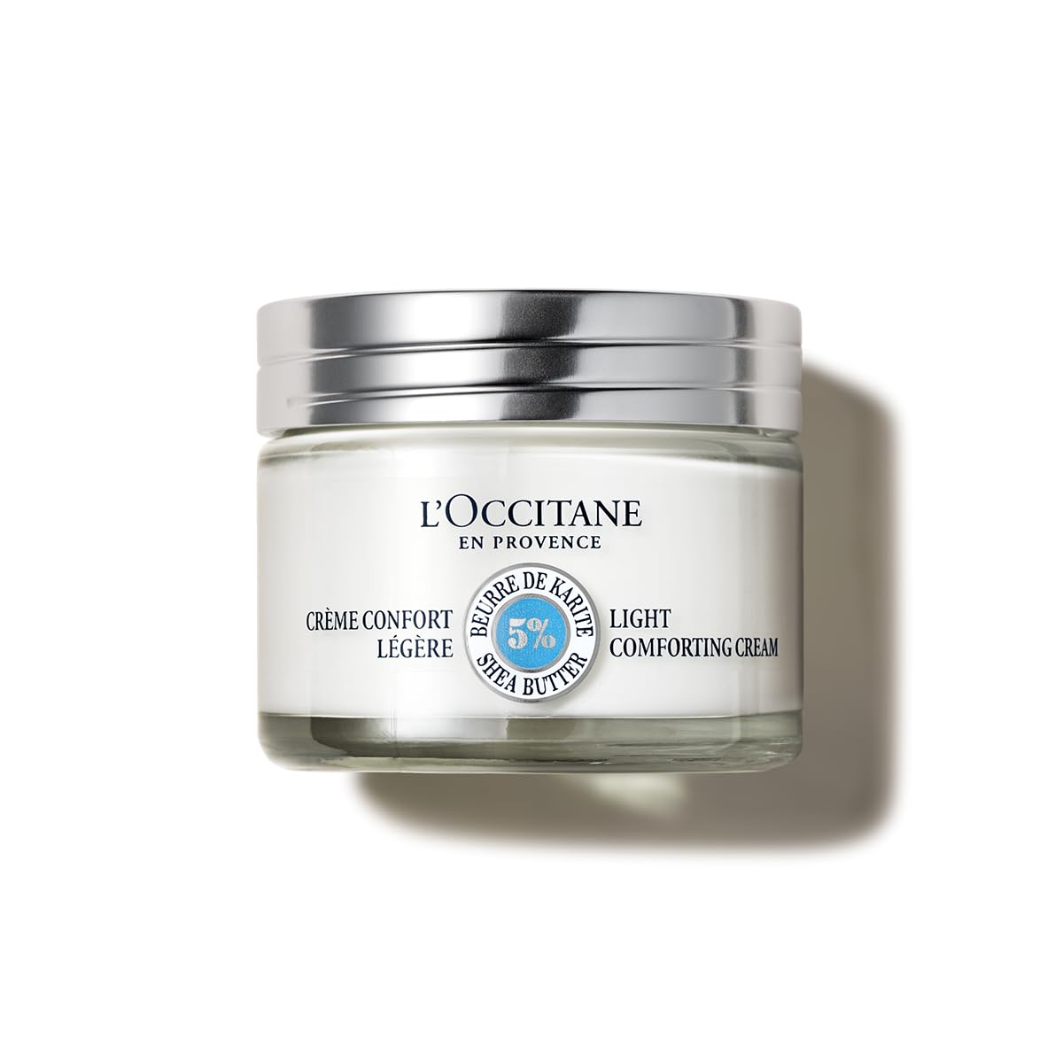 L'OCCITANE jar front view showing label and compact size, highlights portability