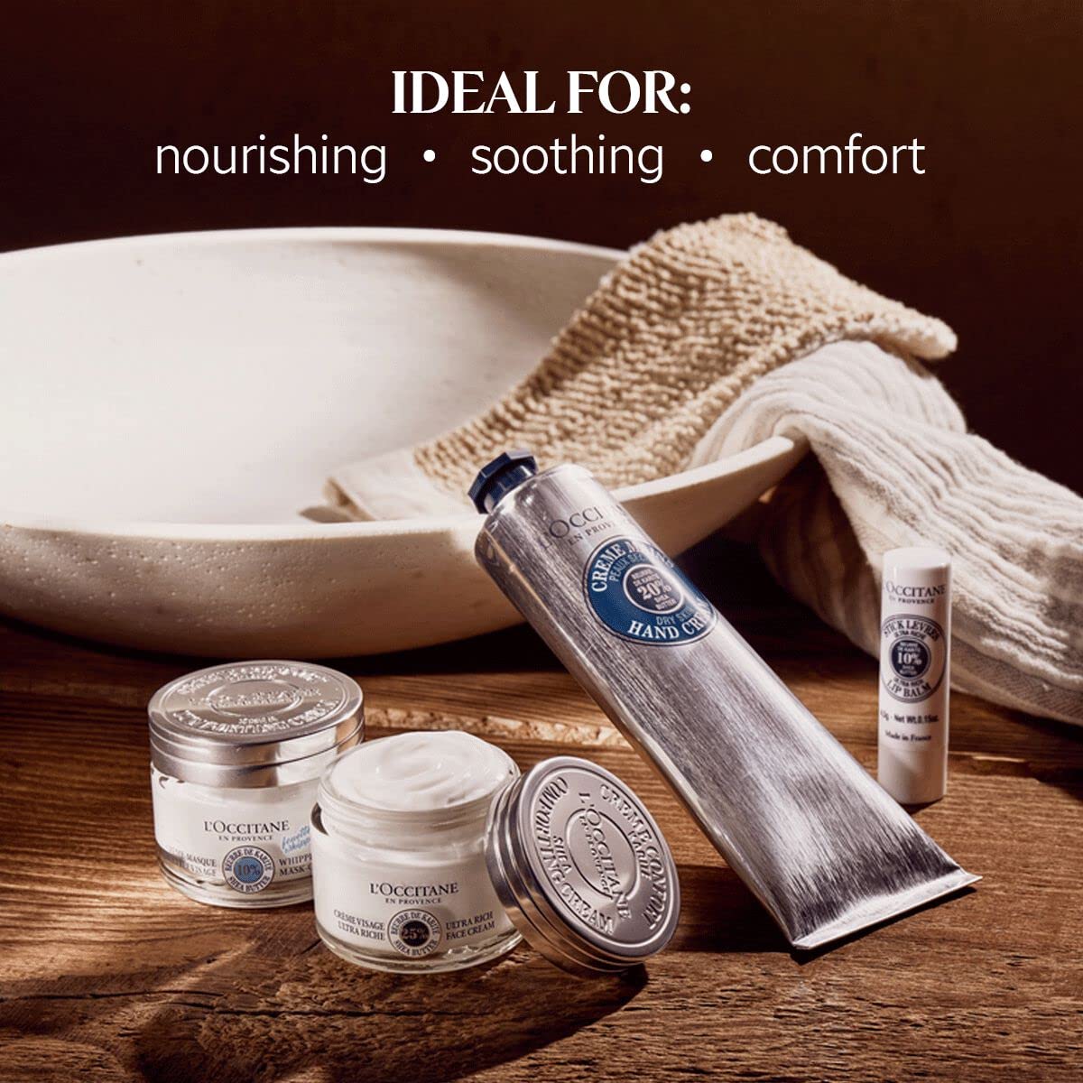 Lifestyle winter scene with L'Occitane cream protecting skin outdoors