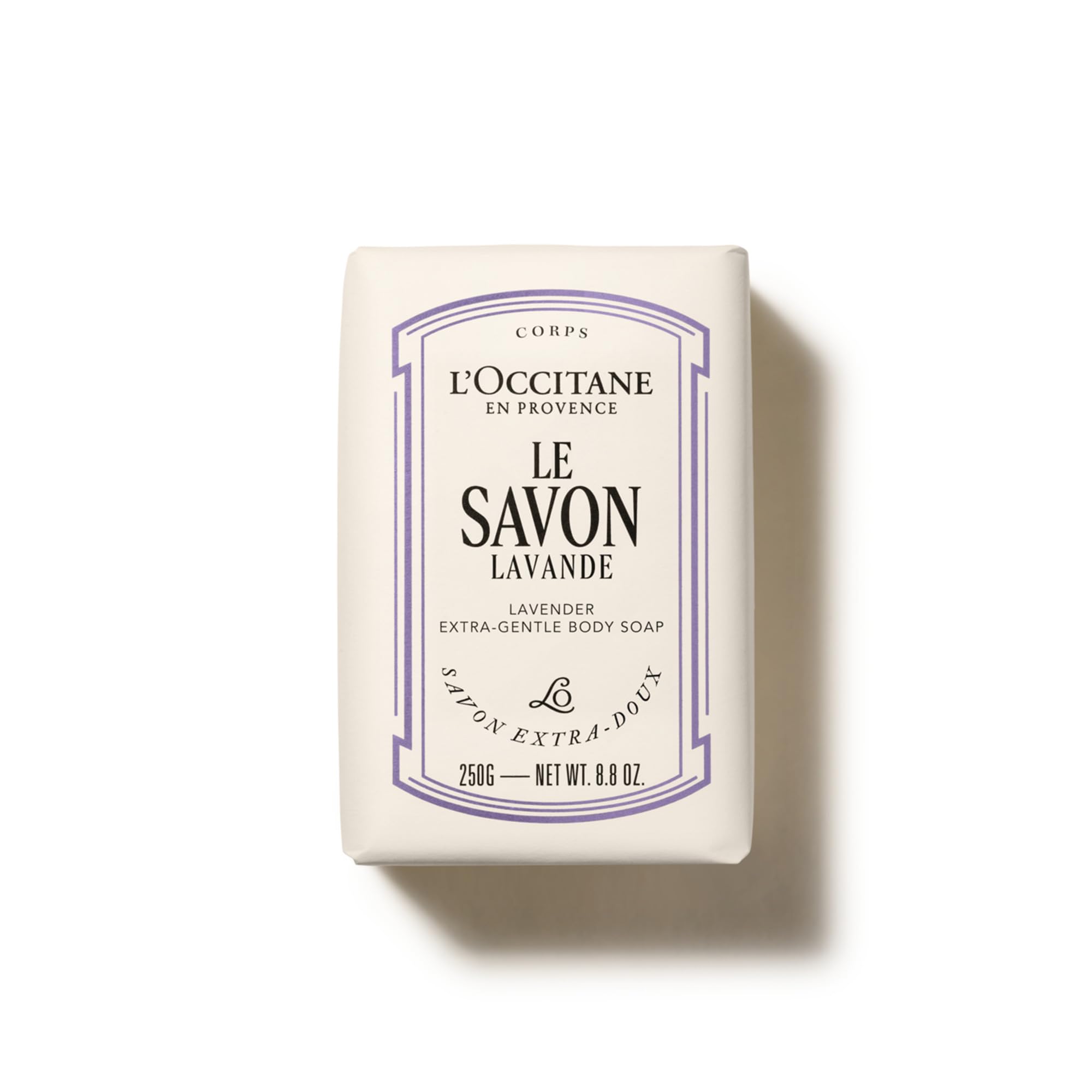 L'OCCITANE front packaging showing Shea Lavender bar and calming scent benefits