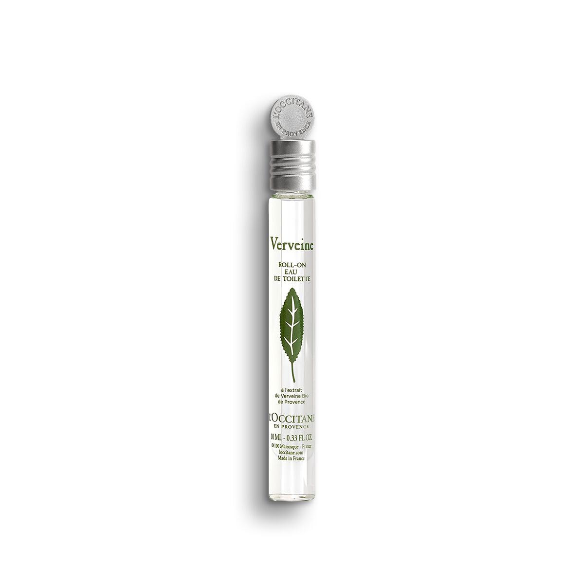 L'Occitane verbena roll-on front view showing compact travel-ready bottle and bright label