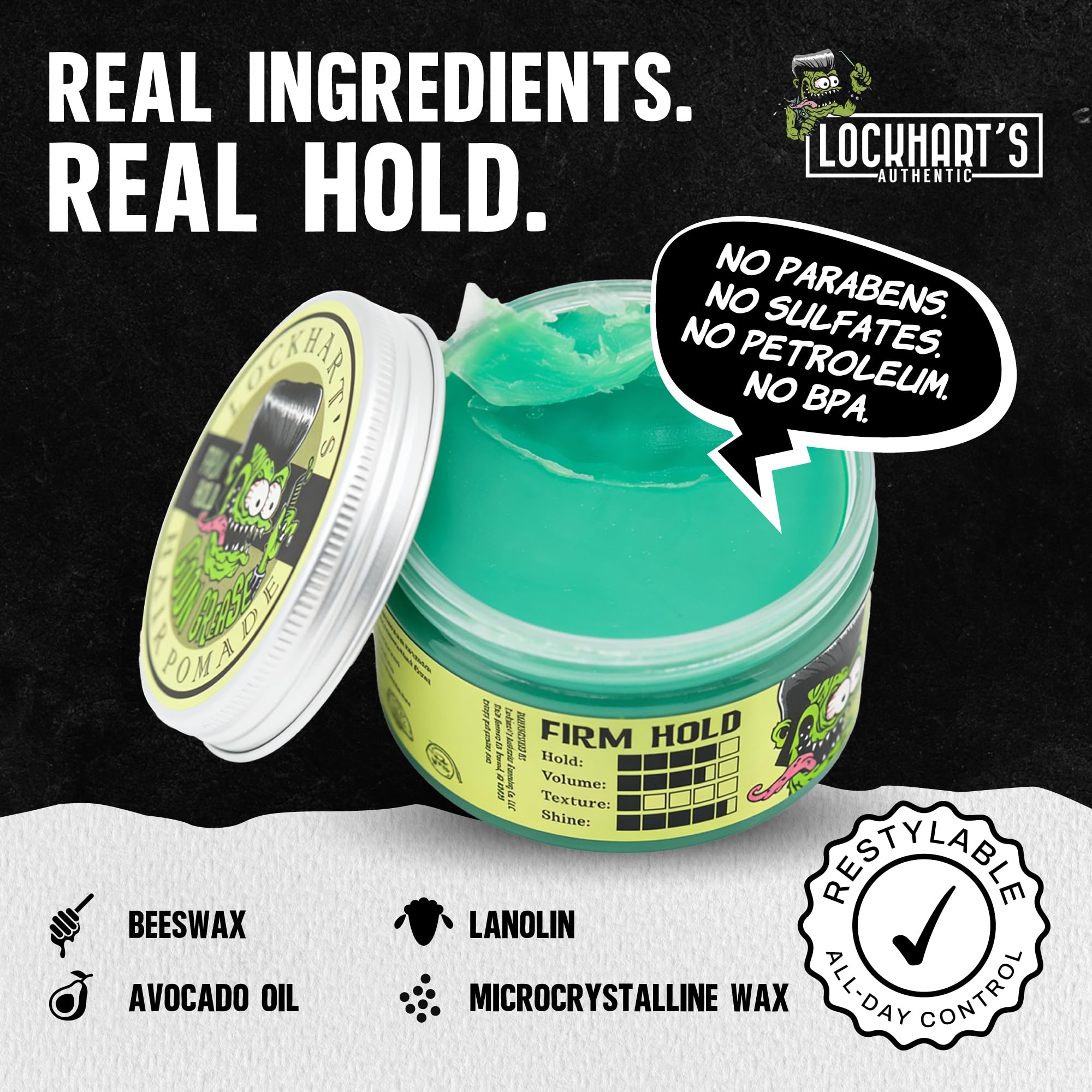 Lockhart's application demo with fingers spreading pomade for easy styling