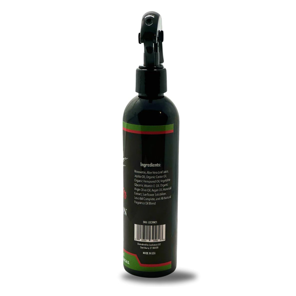 LOCLICIOUS bottle staged with aloe vera and rose blooms indicating natural ingredient sourcing