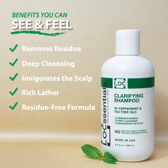 LOCssentials pump and label detail highlighting peppermint and tea tree benefits