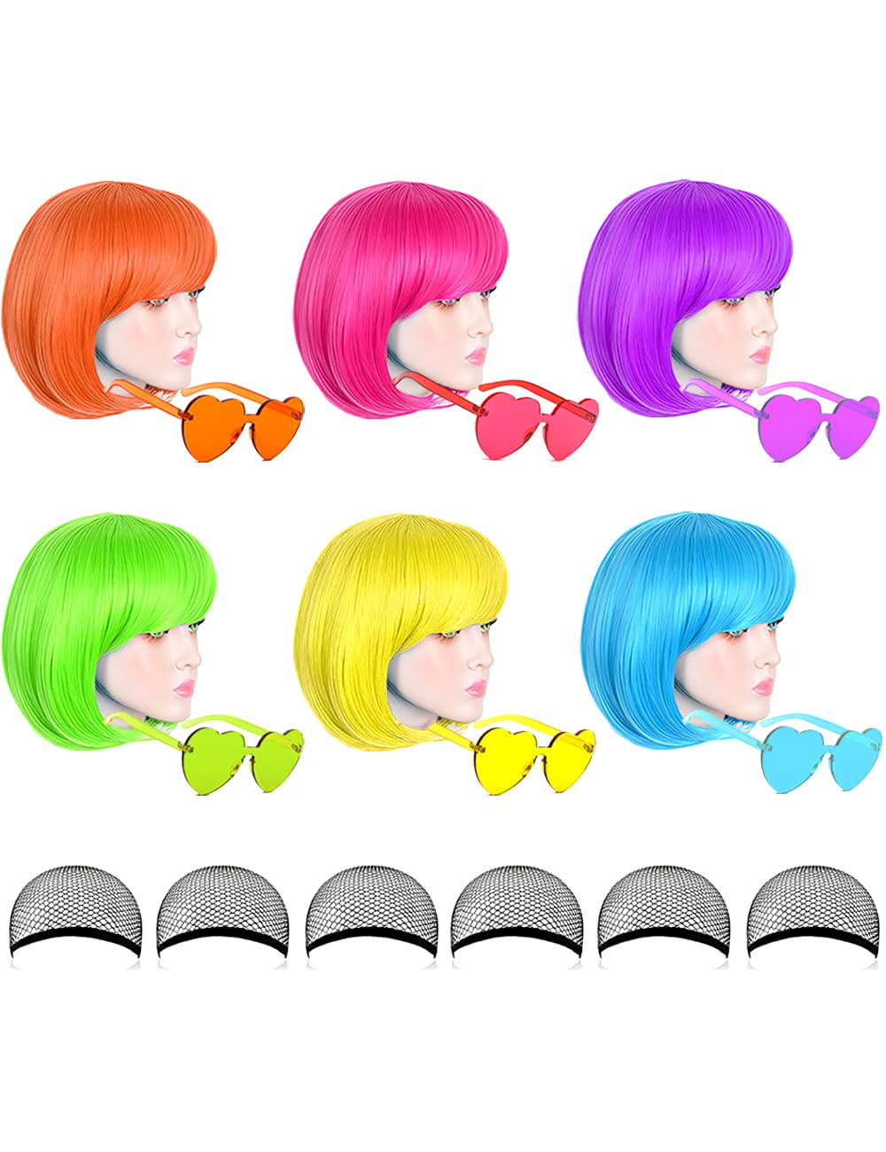 LOHO MAGICA front pack display showing six neon bob wigs and heart sunglasses for instant group looks