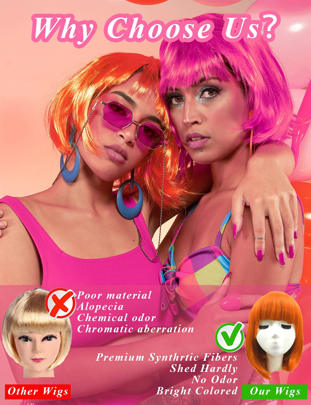 LOHO MAGICA group of models wearing different neon short bob wigs showing cohesive party style