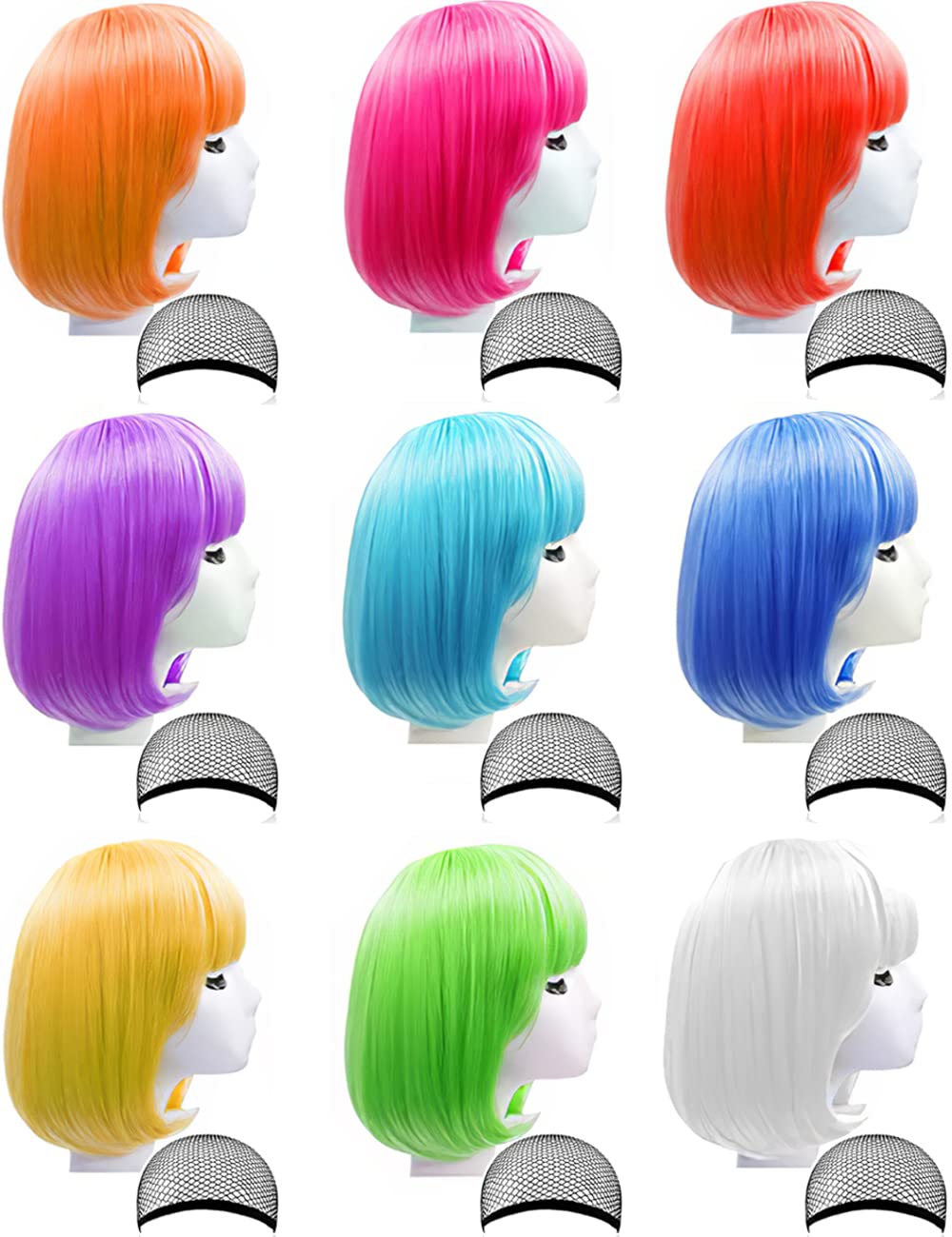 LOHO WONDERZ front packaging showing nine colorful bob wigs, ideal for quick costume changes