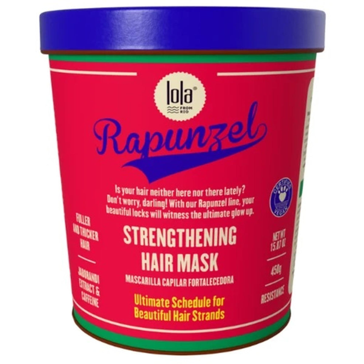 Lola Rapunzel front jar showing packaging and net weight, highlights long-lasting supply