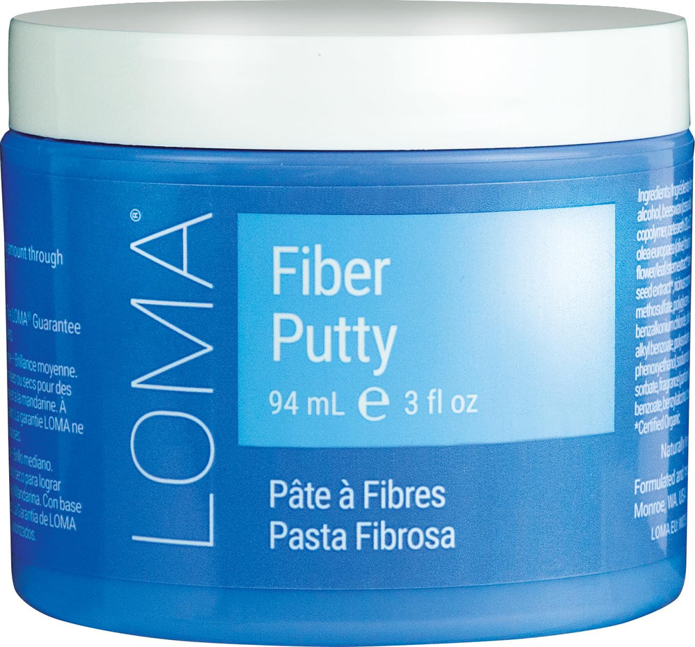 Loma fiber putty front jar showing packaging and medium-firm hold benefit