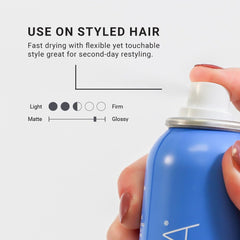 Loma finishing hairspray spray action in use demonstrating humidity-resistant hold benefit