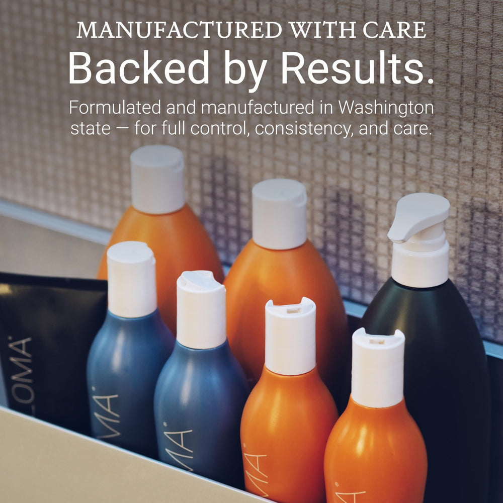Loma bottles on a bathroom shelf conveying daily routine freshness
