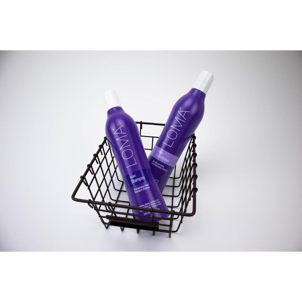 Loma violet shampoo bottle cap and label detail highlighting clean ingredient benefits