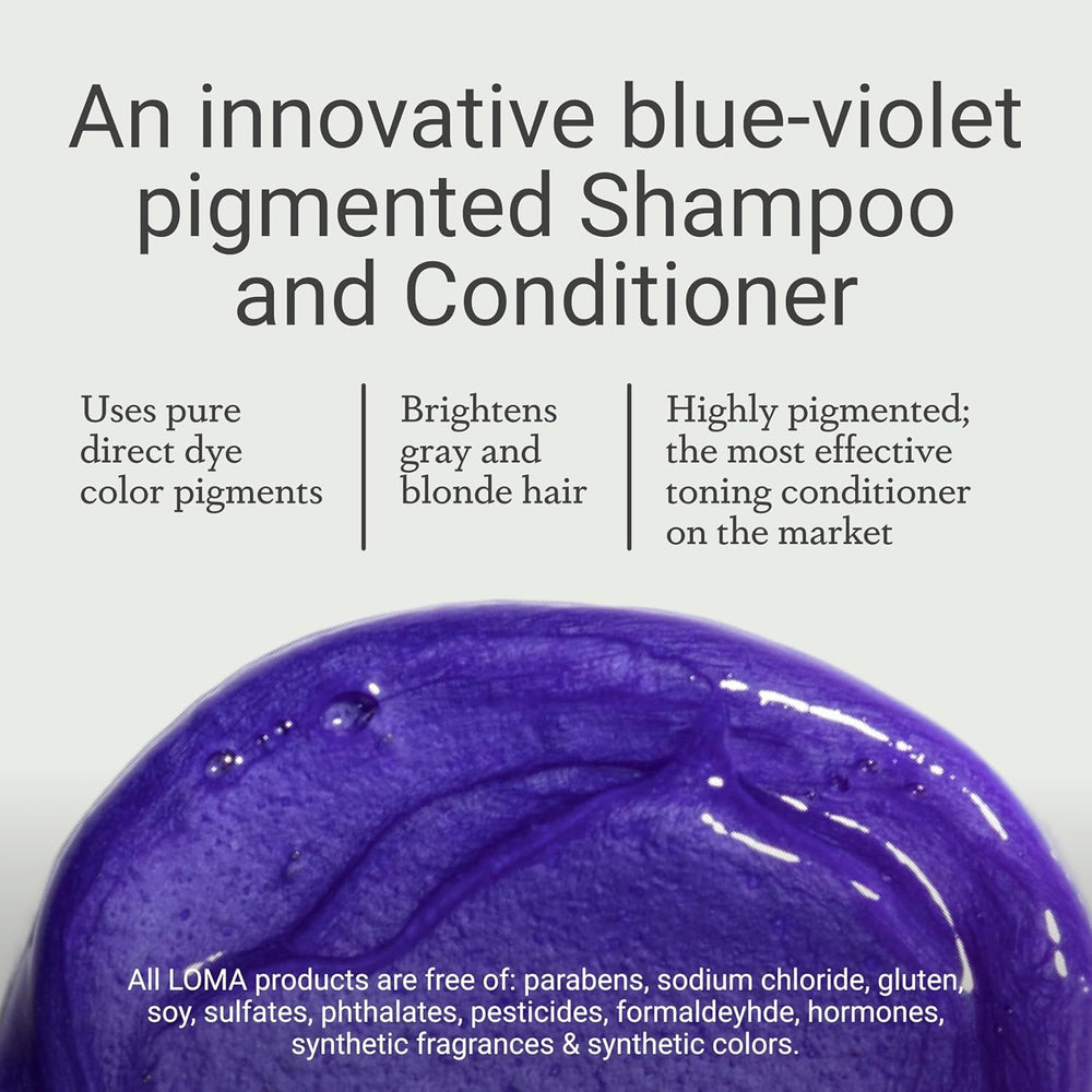 Loma violet shampoo beside a ruler for 12 fl oz scale and easy sizing benefit