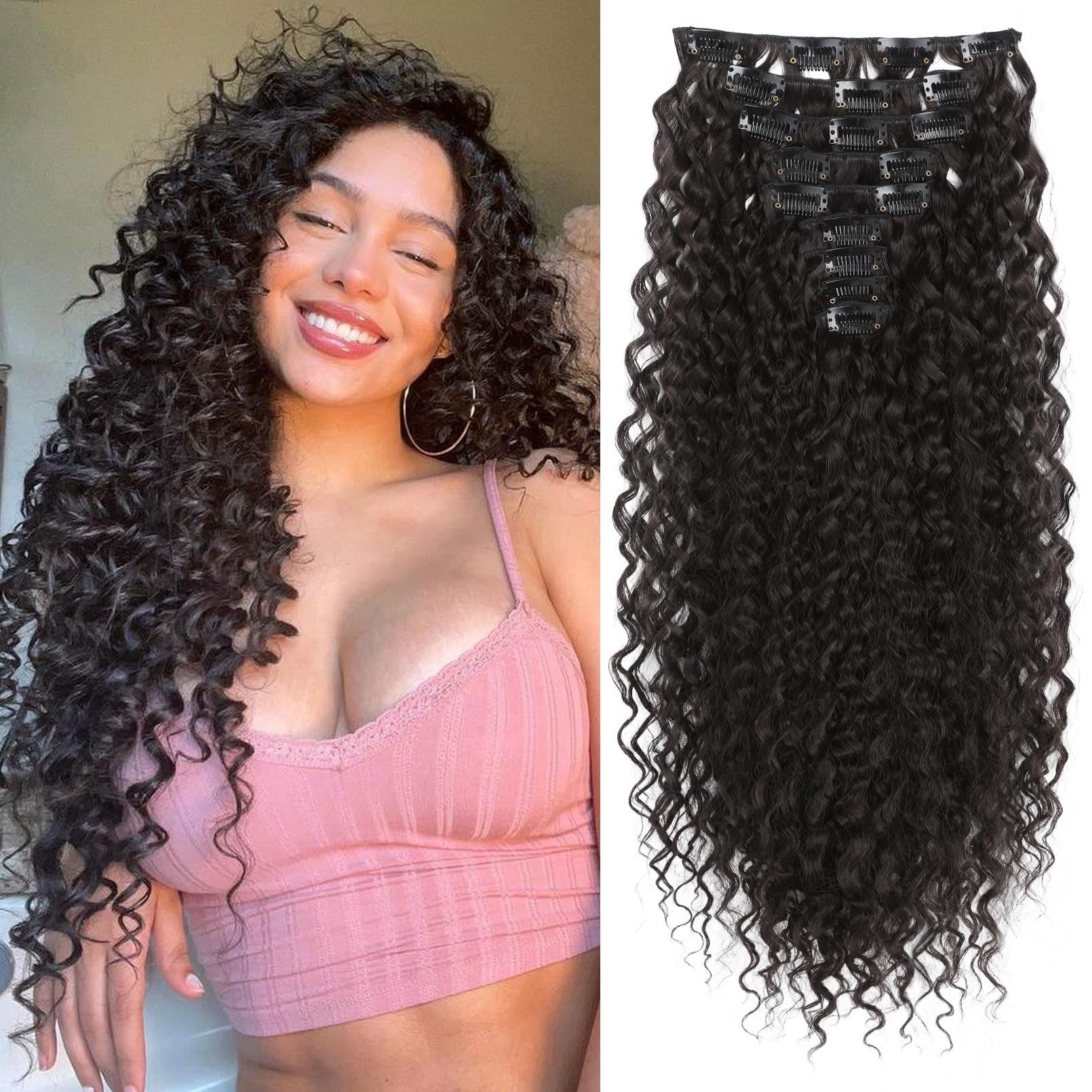LONAI front packaging showing 9PCS curly clip-in set with natural look and quick styling benefit