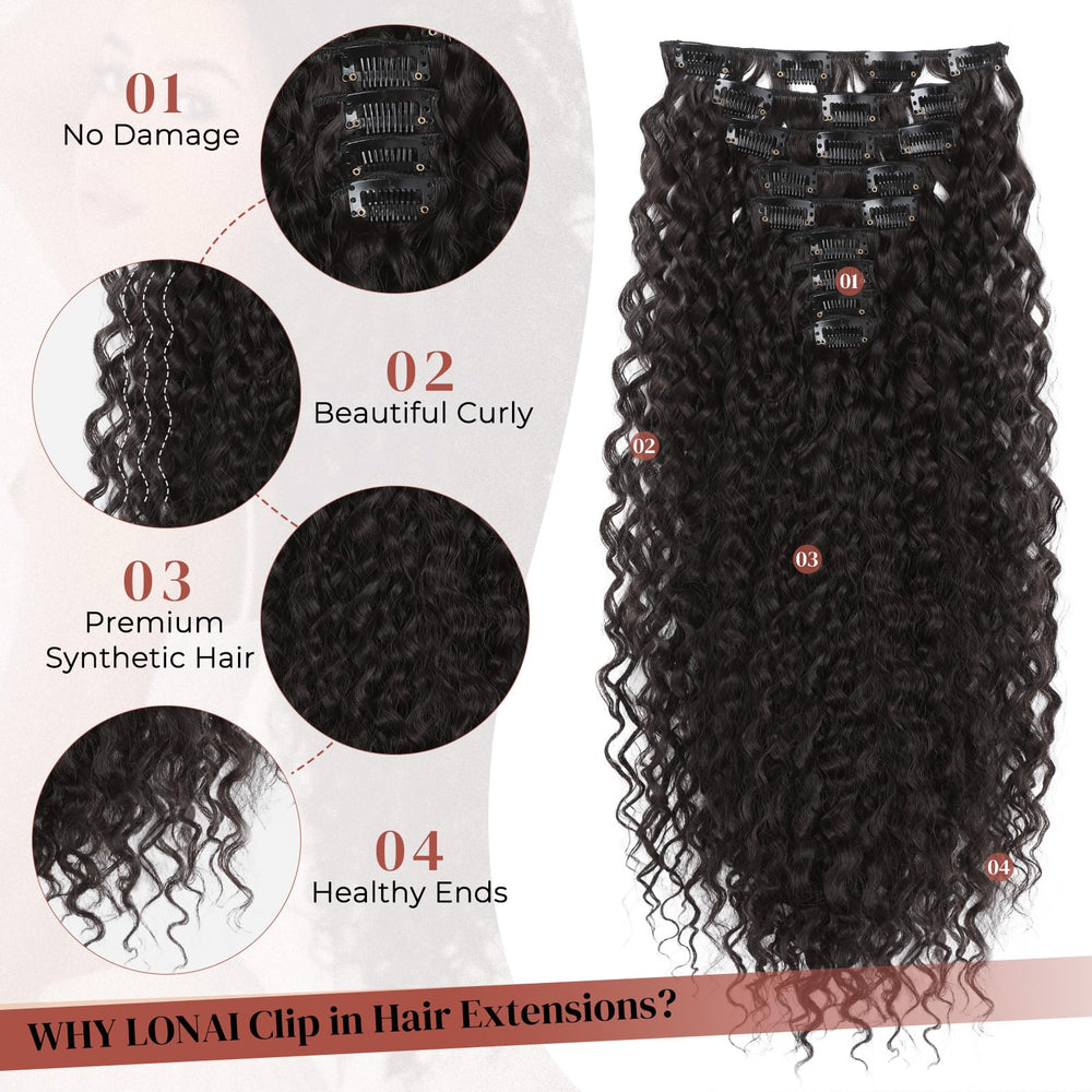 LONAI curly texture close-up showing soft synthetic curls for natural volume