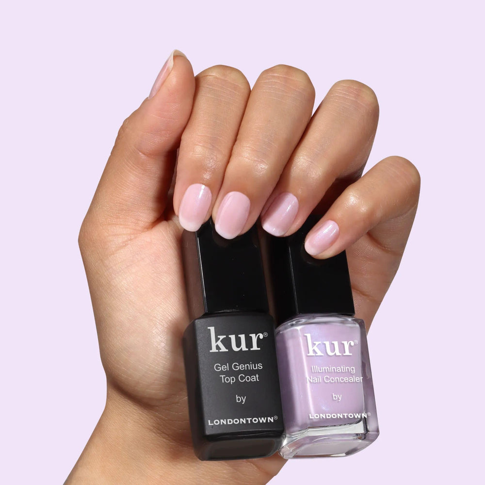 LONDONTOWN Gel Genius top coat bottle displaying long-lasting shine benefit