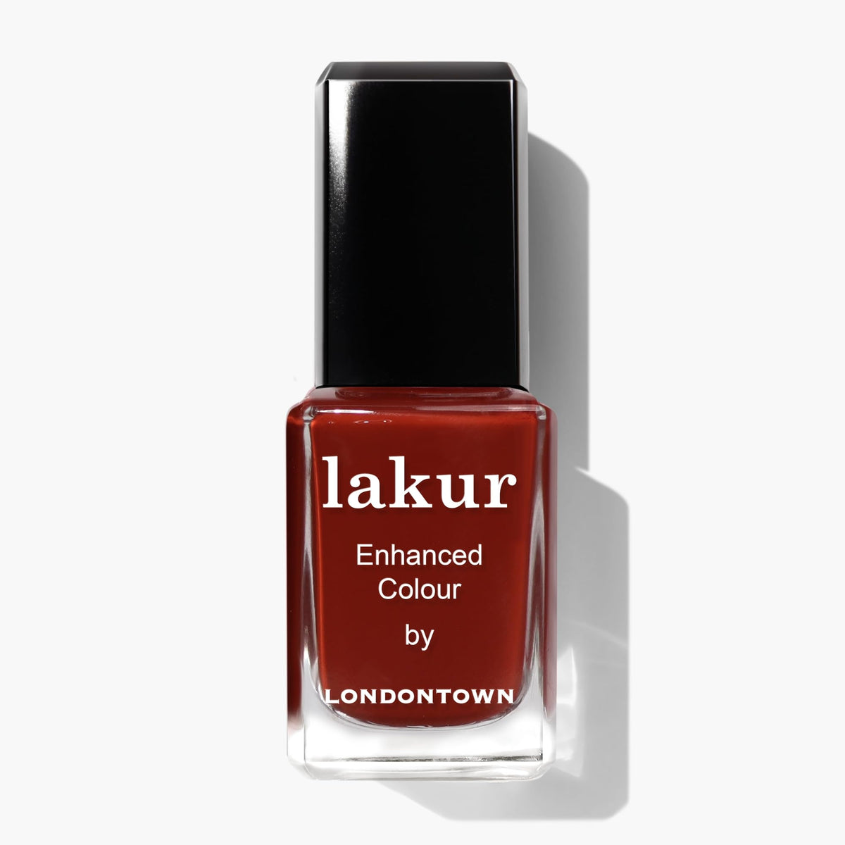 LONDONTOWN lakur front bottle showing glossy red shade and premium packaging benefit