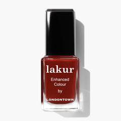 LONDONTOWN lakur front bottle showing glossy red shade and premium packaging benefit