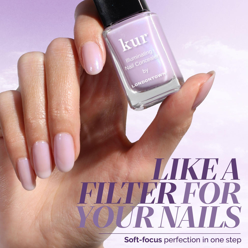 LONDONTOWN swatch on natural nails displaying sheer lavender brightening effect
