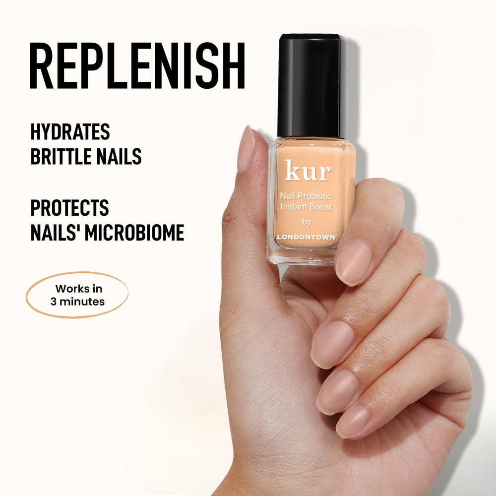 LONDONTOWN trio staged with a polished manicure highlighting improved strength