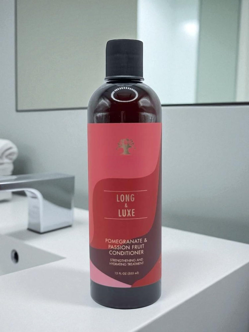 Generic Long & Luxe bathroom shelf lifestyle showing salon-grade routine