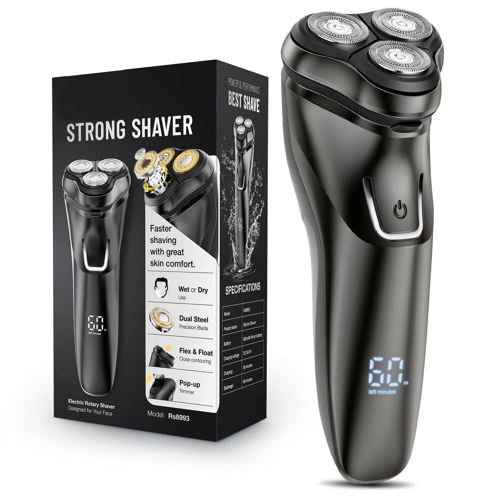 LONKEEN front view of rotary shaver showing ergonomic grip and head for comfortable handling