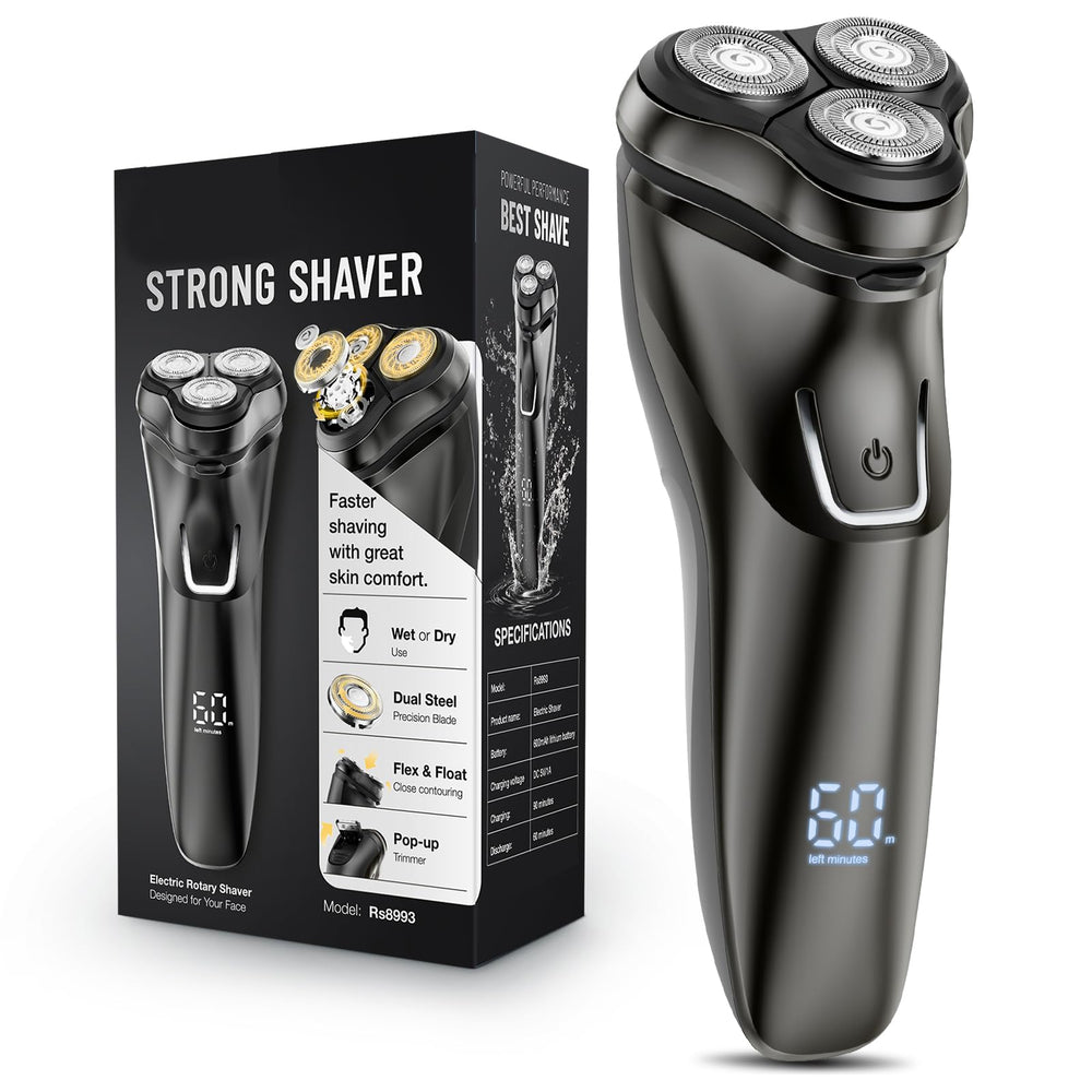 LONKEEN front view of rotary shaver showing ergonomic grip and head for comfortable handling