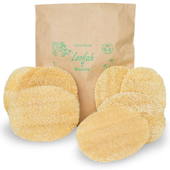 LooLife front view of eight loofah pads showing size and packaging benefit