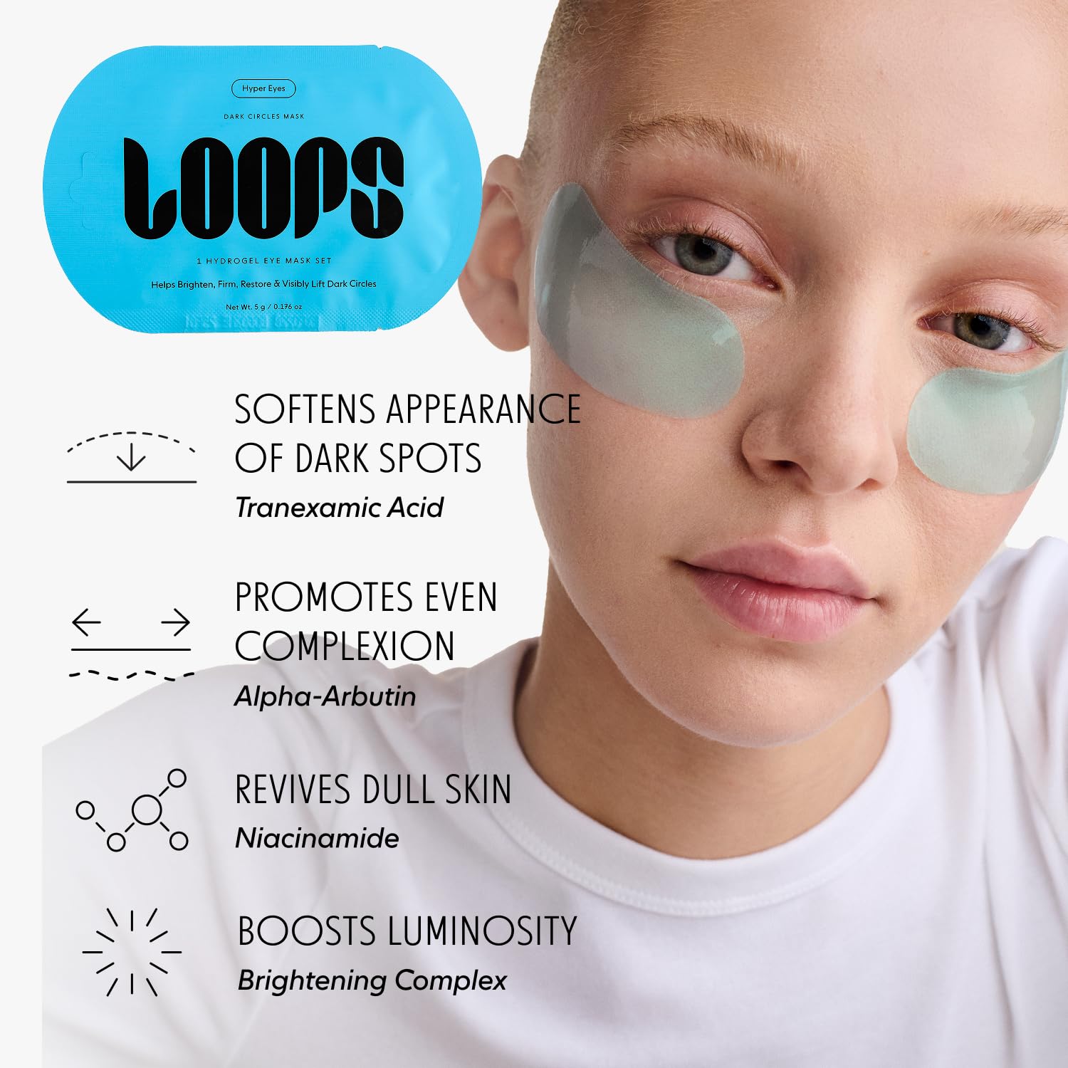 LOOPS mask applied under eye demonstrating quick 10-minute brightening