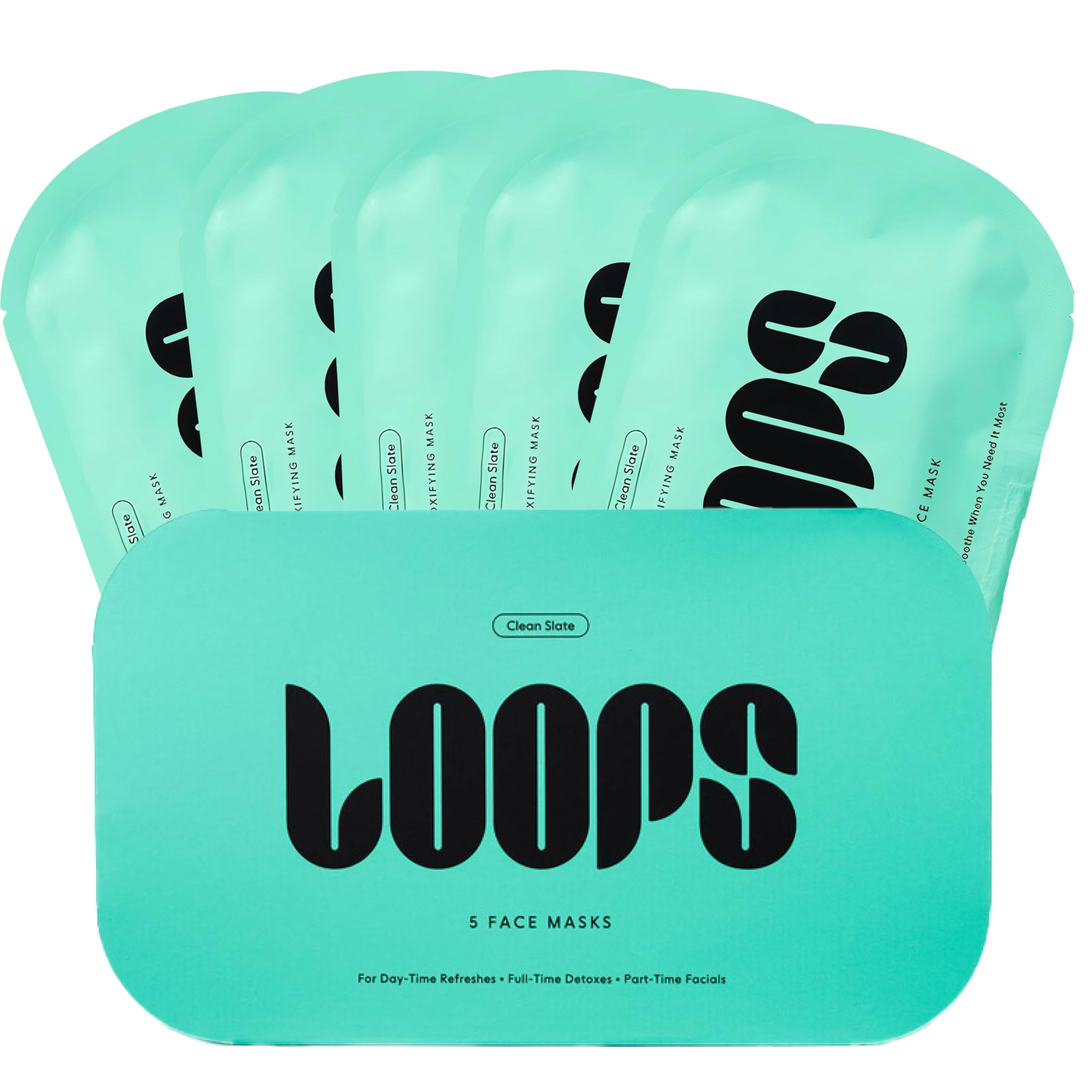LOOPS front packaging showing five detox hydrogel masks and benefits