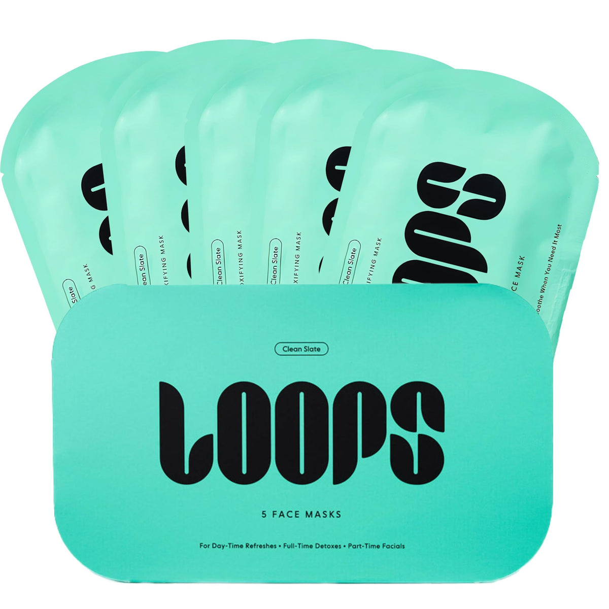 LOOPS front packaging showing five detox hydrogel masks and benefits