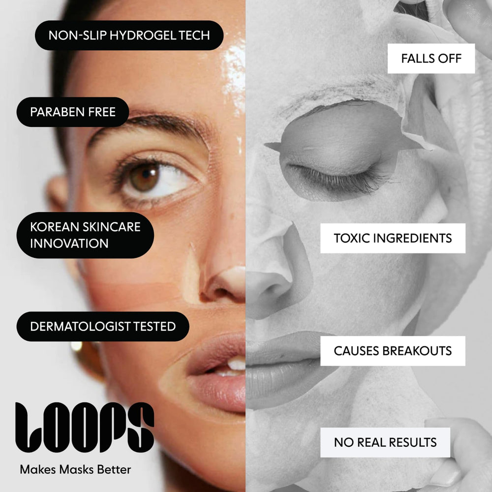 LOOPS mask applied in mirror illustrating quick 10-minute refresh