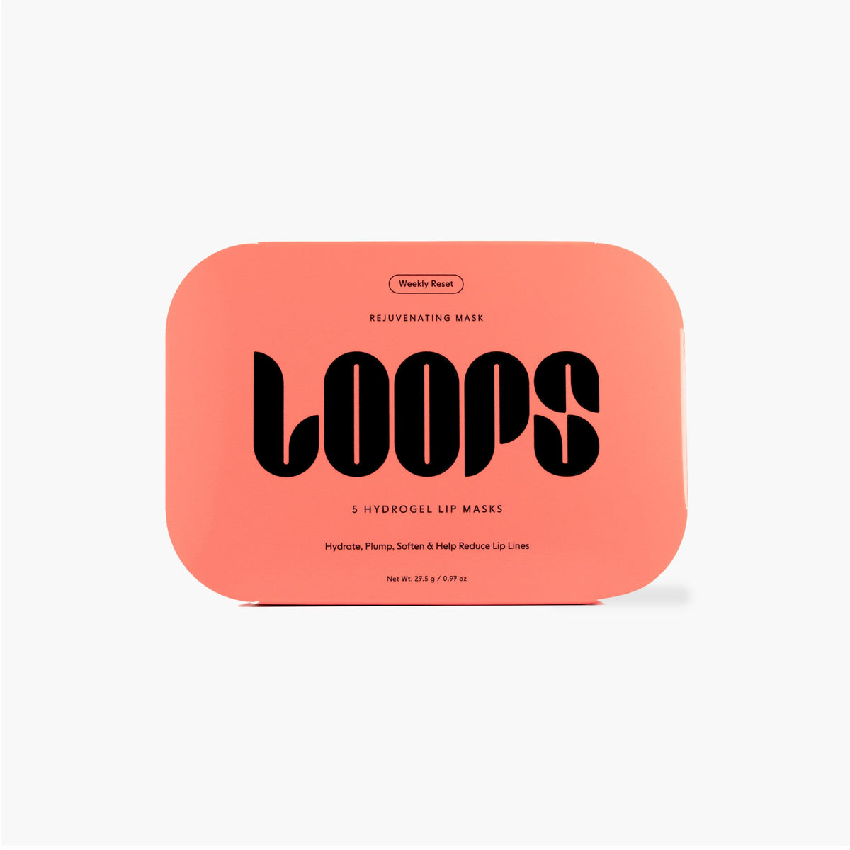 LOOPS pack front view showing five hydrogel collagen lip masks for quick hydration