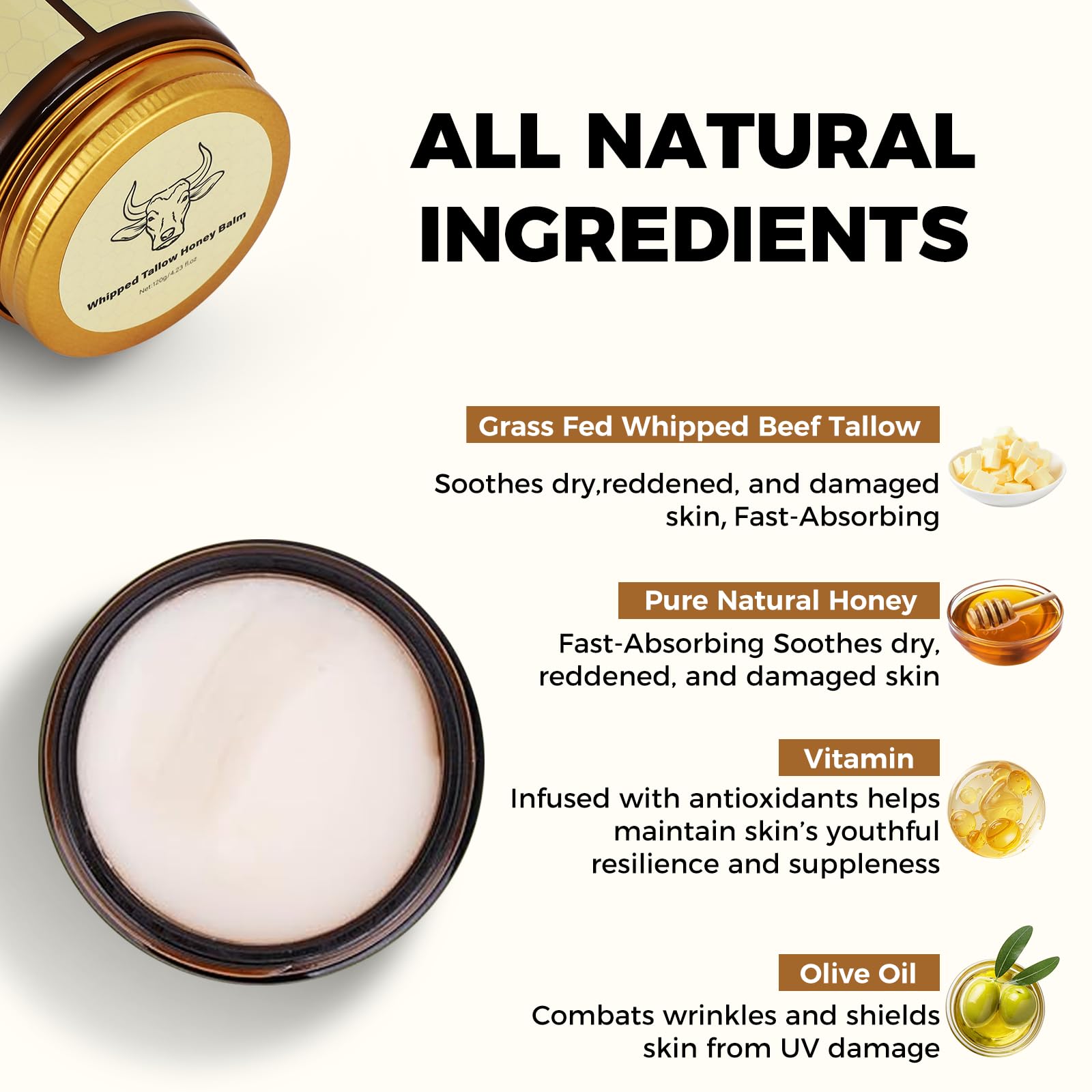 Lopeie ingredients display with honey and tallow, highlights natural formulation benefit