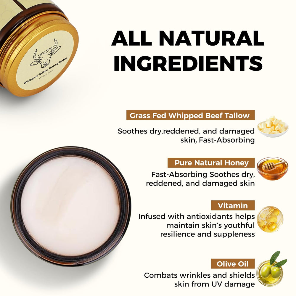 Lopeie ingredients display with honey and tallow, highlights natural formulation benefit